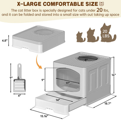 Foldable Enclosed Cat Litter Box with Top Entry and Pull-Out Drawer – Portable, Anti-Tracking, Large Space