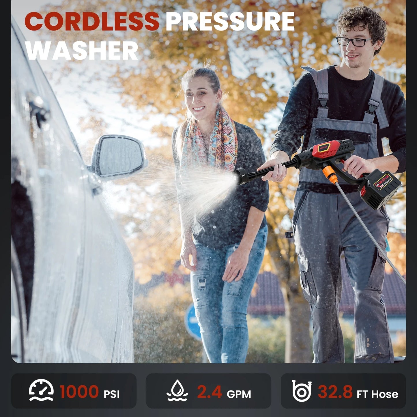 1000PSI Cordless Pressure Washer – 2.4GPM Portable Power Cleaner with 6-in-1 Nozzle and 32.8Ft Hose for Cars, Patios, and Outdoor Cleaning