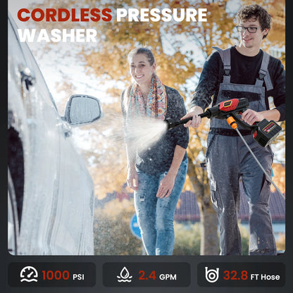 1000PSI Cordless Pressure Washer – 2.4GPM Portable Power Cleaner with 6-in-1 Nozzle and 32.8Ft Hose for Cars, Patios, and Outdoor Cleaning