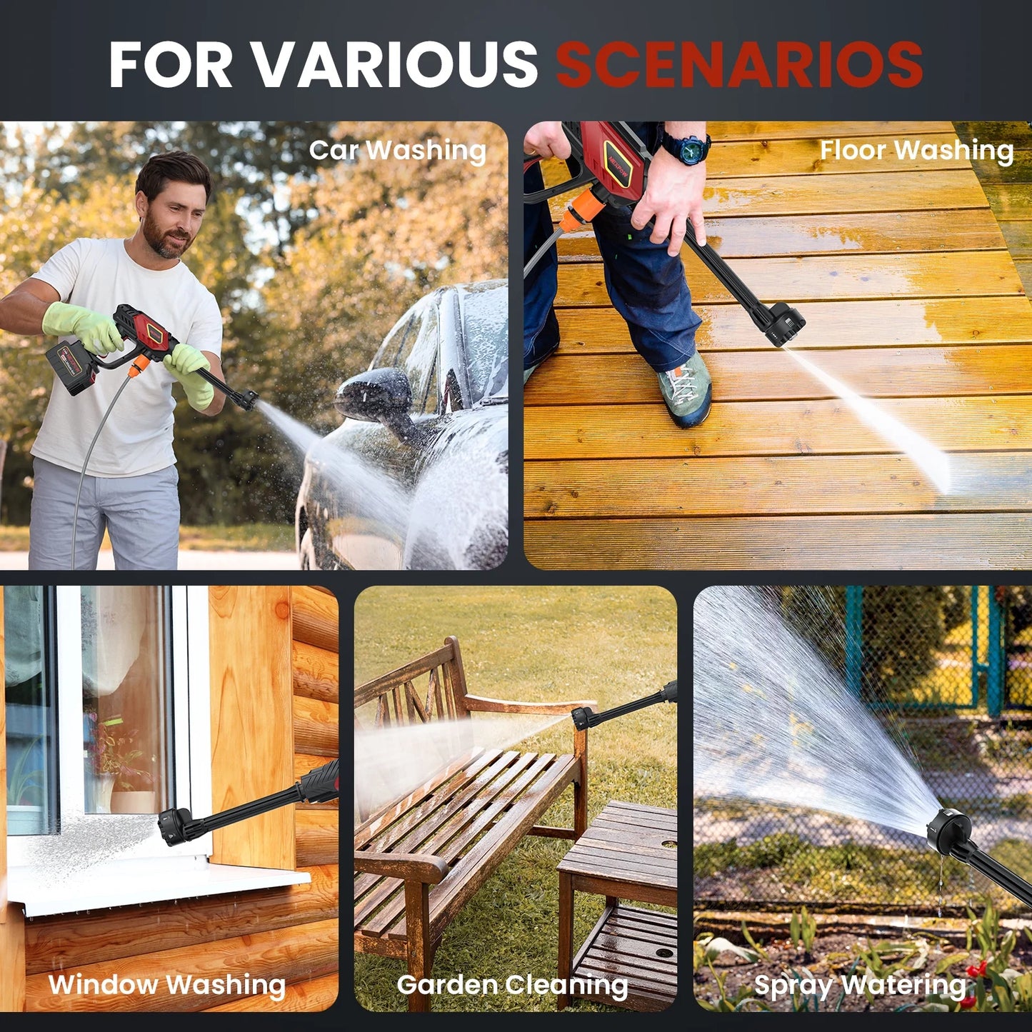 1000PSI Cordless Pressure Washer – 2.4GPM Portable Power Cleaner with 6-in-1 Nozzle and 32.8Ft Hose for Cars, Patios, and Outdoor Cleaning