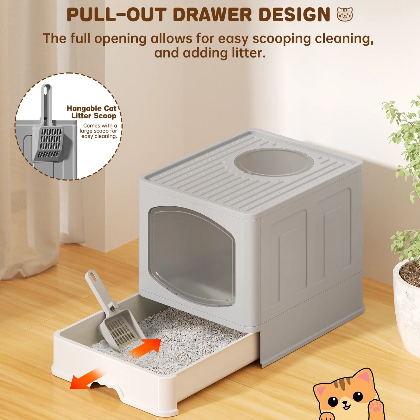 Foldable Enclosed Cat Litter Box with Top Entry and Pull-Out Drawer – Portable, Anti-Tracking, Large Space