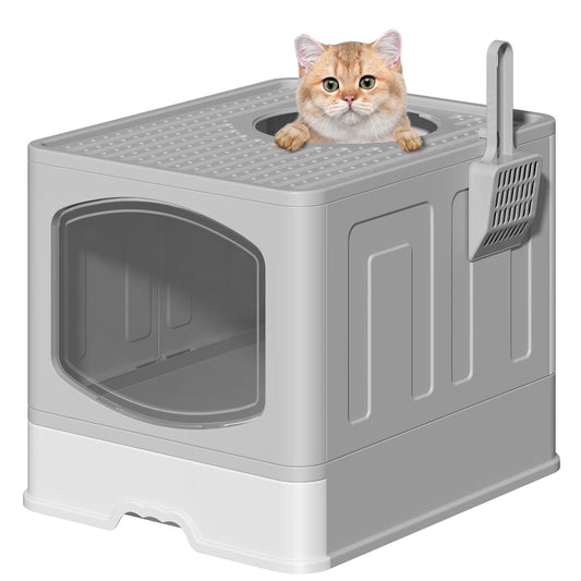 Foldable Enclosed Cat Litter Box with Top Entry and Pull-Out Drawer – Portable, Anti-Tracking, Large Space