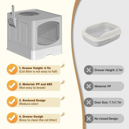 Foldable Enclosed Cat Litter Box with Top Entry and Pull-Out Drawer – Portable, Anti-Tracking, Large Space